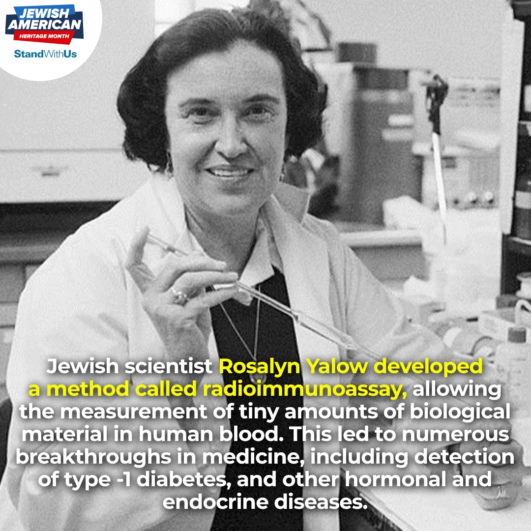 In honor of #JewishAmericanHeritageMonth, we are highlighting #Jewish-American scientist Rosalyn Yalow, who made history as the first American-born woman to win the @NobelPrize in Physiology or Medicine. 👩‍🔬✡️
To learn more about JAHM, please visit: standwithus.com/jahm