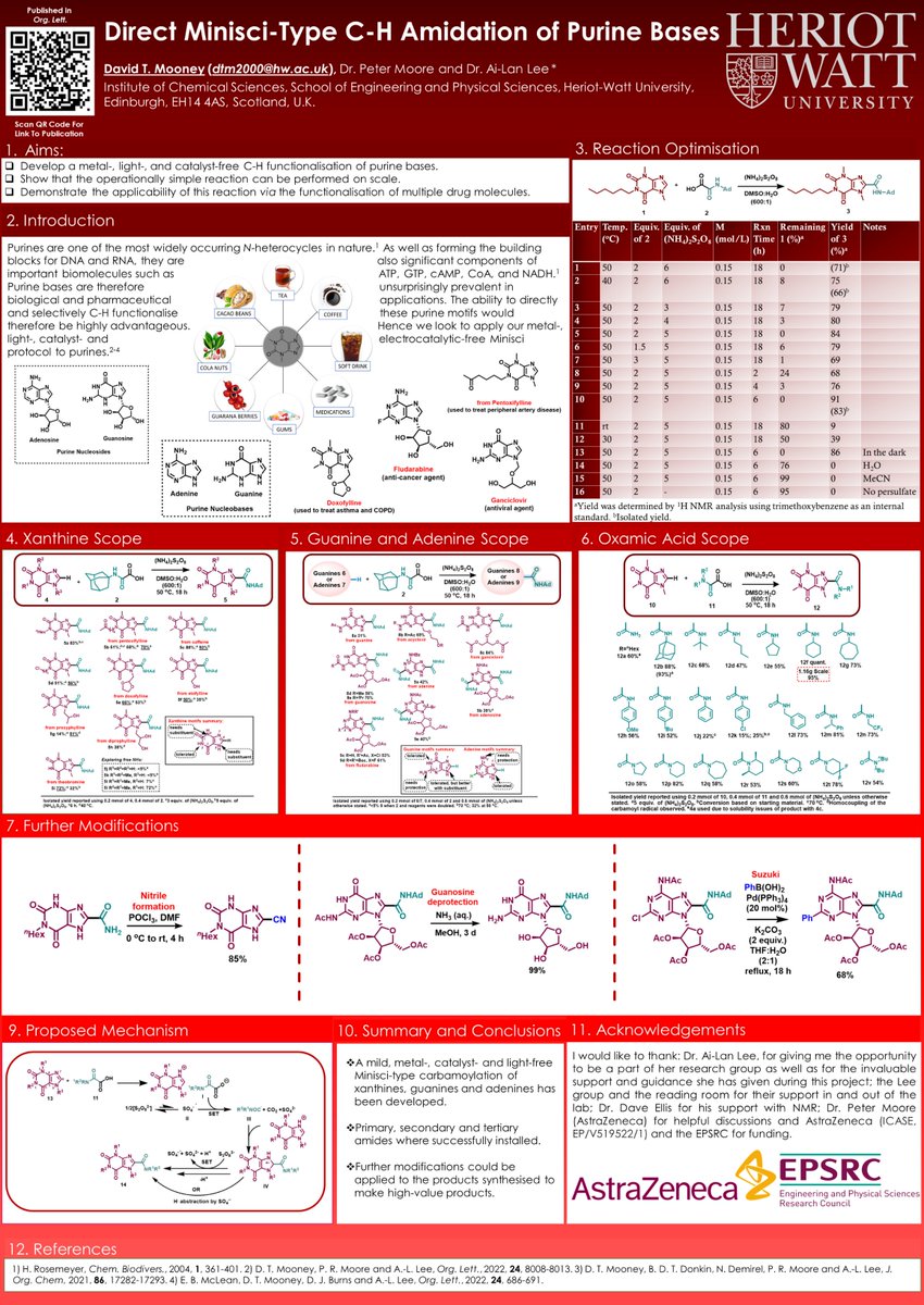 Delighted to be showcasing my work at the #SDDD23 meeting on the 23rd and 24th of May. This poster covers a direct Minisci-type C−H amidation of purine bases via a metal-, light- and catalyst-free protocol.