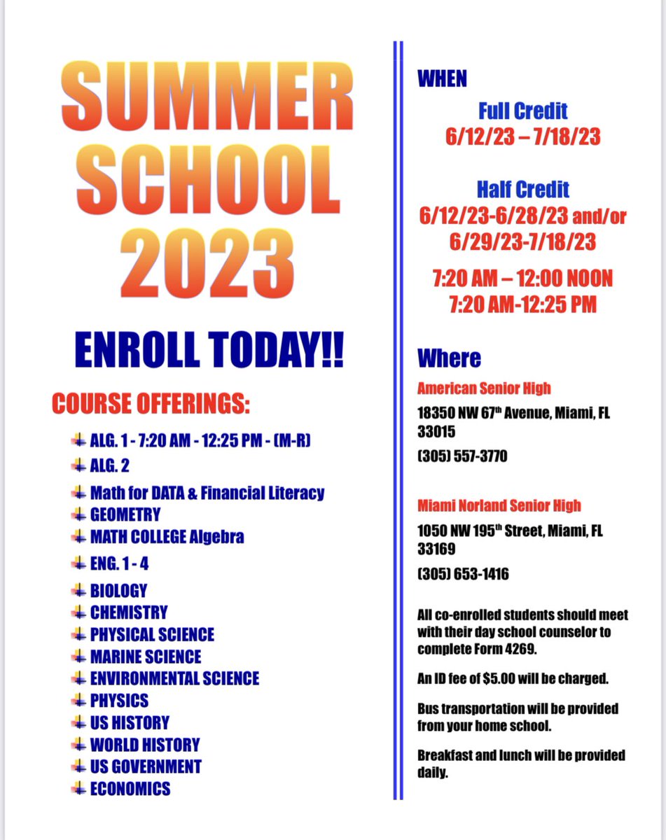 MCC Summer School will begin June 12, 2023, until July 19, 2023, 7:30am. to 12:30pm. Classes will be at American Sr High. Transportation will be provided; buses will leave MCC at 6:25am. Classes are Monday-Thursday. The Program Cost: $5.00 for your Summer School I.D. (cash only)