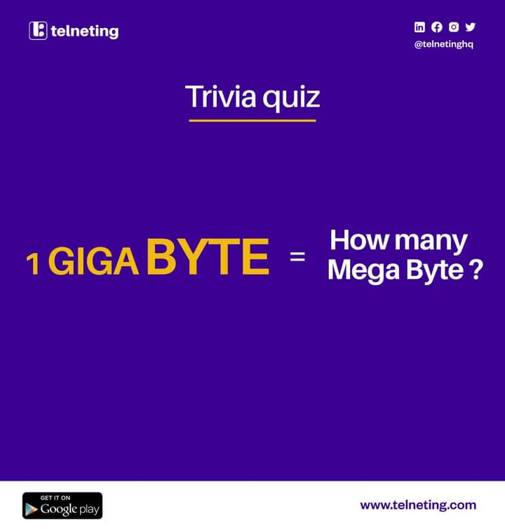 Time for a trivia challenge! 

Can you answer this? How many megabytes are there in a gigabyte? 

Test your tech knowledge and drop your answer in the comments below! 

.
.
.

#TriviaTime 
#TechKnowledge 
#MTN 
#Data 
#Megabyte