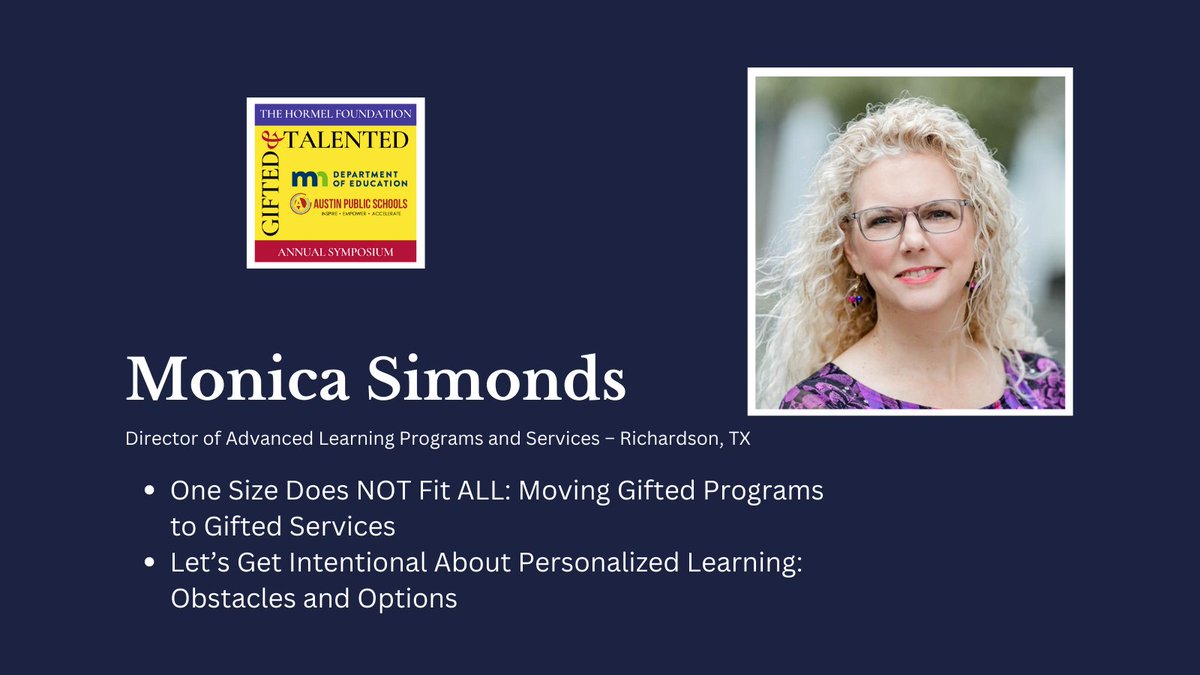 gtsymposium's tweet photo. Introducing @MonicaSimonds  who will present two of our sessions:  
- One Size Does NOT Fit ALL: Moving Gifted Programs to Gifted Services 
- Let’s Get Intentional About Personalized Learning: Obstacles and Options  

Register today for our 2023 #GTSymposium

#GTChat https://t.co/dDGsh0esTB