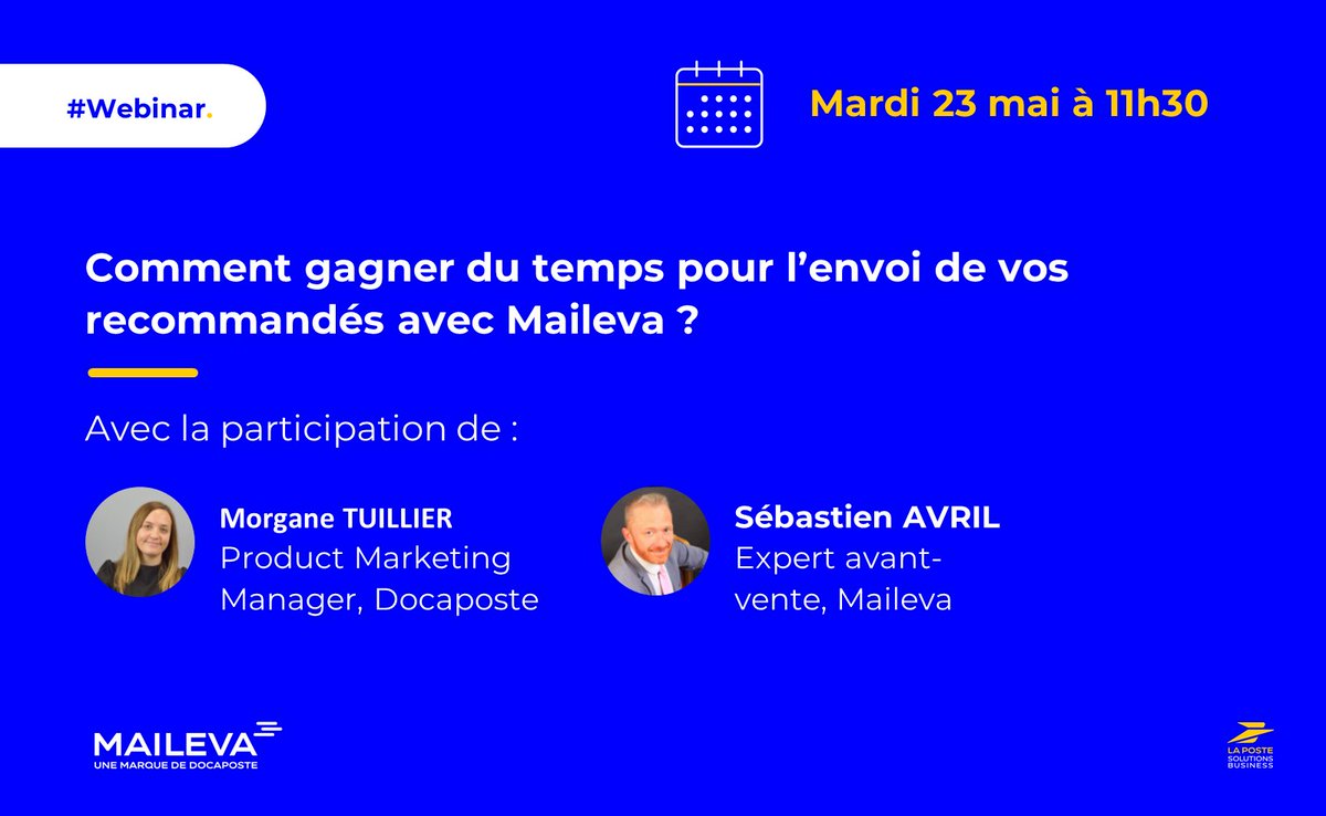 Maileva_com's tweet photo. #Webinar Comment gagner du temps pour l’envoi de vos recommandés avec Maileva ? 
🗓️ Rejoignez nous le 23/05 à 11h30  

📷 Pour vous inscrire c'est par ici : https://t.co/zoXXMplX5R 

#TPE #PME #ETI #digital #numérique #digitalisation https://t.co/r3Fwd3Wtjz