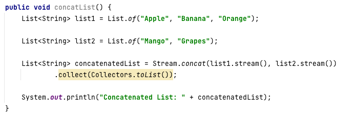 nomanmariyam's tweet image. 8/n concat 2 lists using Stream.concat
#java #streamapi #programming
