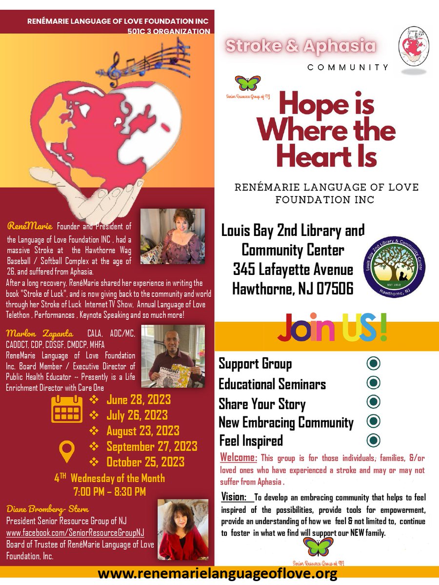 ReneMarie777's tweet photo. Subject: Save the Dates ~ Hope is Where the HEART is! Stroke &amp; Aphasia Support Community ~ Louis Bay 2nd Library and Community Center  https://t.co/lmTRCYC9wu https://t.co/UJGBjsJFM2