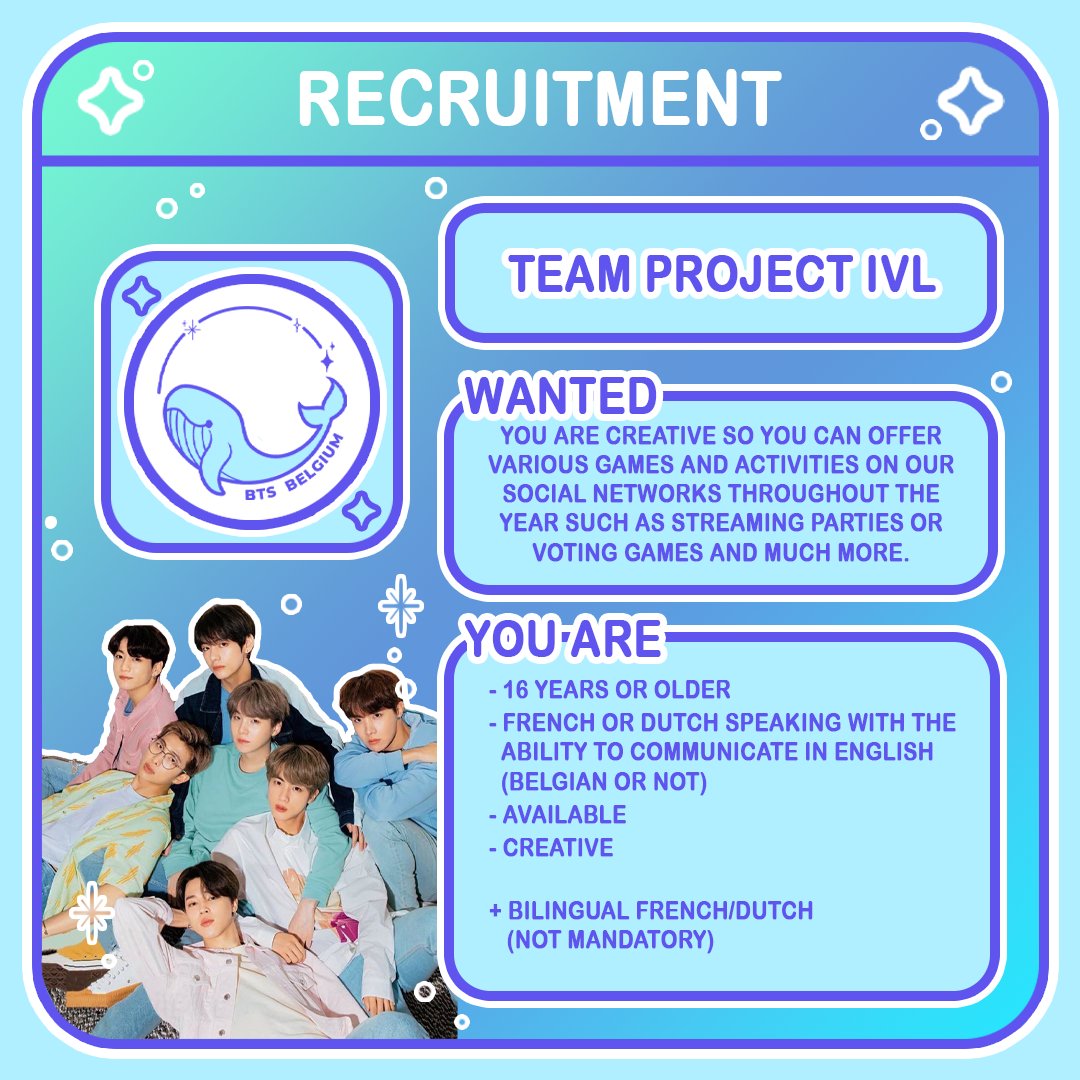 _BTSBELGIUM's tweet photo. [RECRUITMENT]

We are now recruiting !
For the IRL and IVL teams in the [EVENTS] pole and the [FUNDS BANGTAN BE] !
(all information below)

Don't hesitate to contact us in DM or by mail ( contact.btsbelgium@gmail.com ) 💜
https://t.co/g2Xyr4U6OO https://t.co/XJfqscF7i4