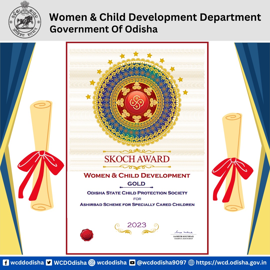 WCDOdisha's tweet image. A proud moment for Odisha and its people! #Ashirbad program&apos;s efforts in caring for children affected by the pandemic earn the SKOCH Award for GOLD category. A heartfelt tribute to the state&apos;s compassion and dedication. 💚🫰#SKOCHAwardWinner #OSCPS
@MinistryWCD @CMO_Odisha