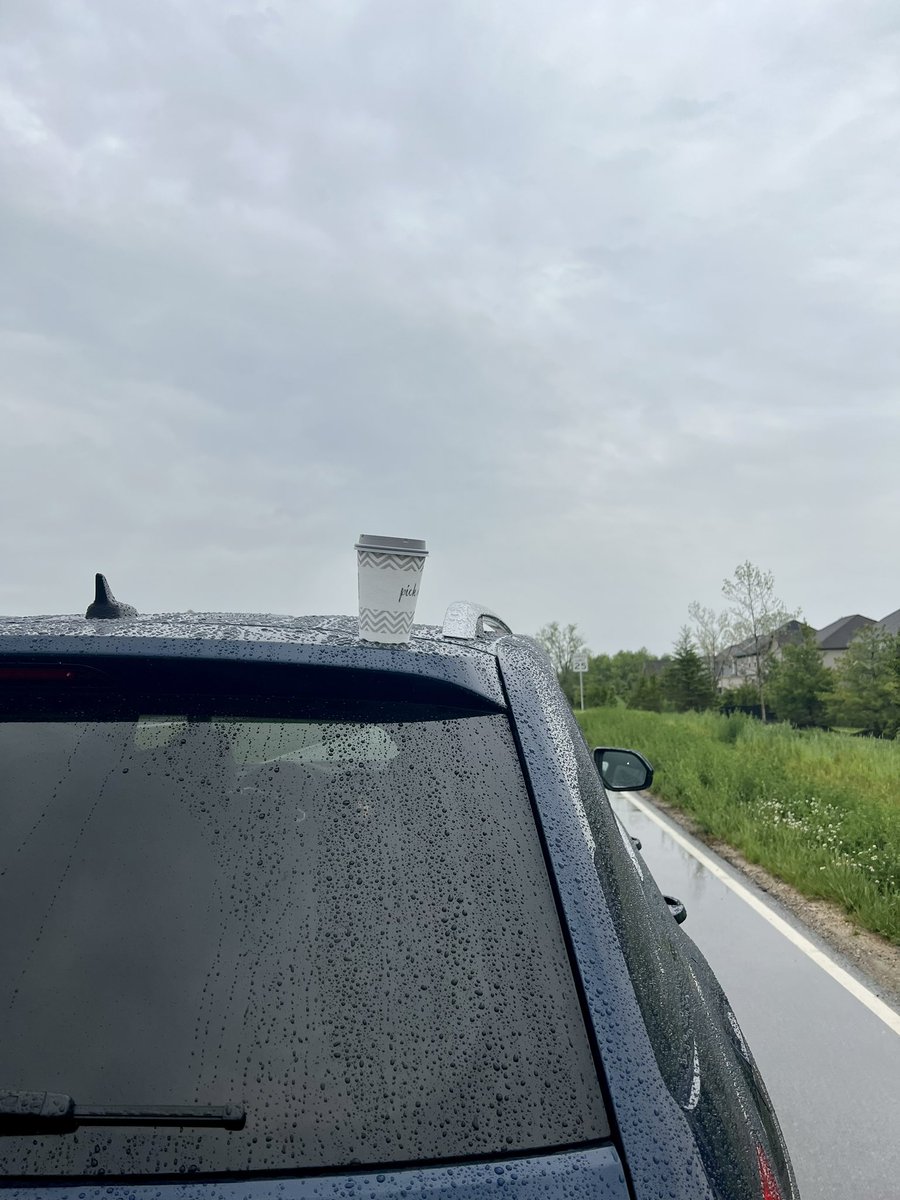 JibbyD's tweet photo. Reversed out of my driveway. Went to the end of my street. Took a right. Took another right. Then realized, I don’t see my coffee. Turns out, I had left it on top of my car, but somehow, it, miraculously did not fall. https://t.co/ncQodQ7ify