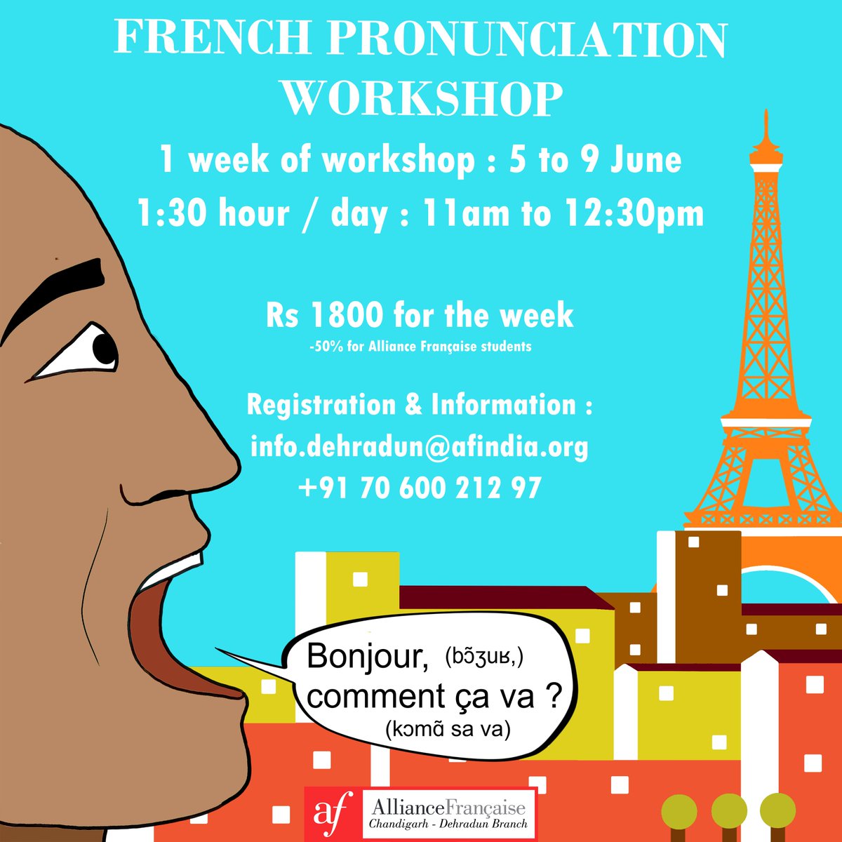 We are organising a week of French pronunciation workshop 🙋💬💬

registrer now on :
✉️ info.dehradun@afindia.org
📞 +91 70 600 212 97

#pronunciation #french #frenchpronunciation #workshop #learnfrench #dehradun #alliancefrancaise #phonetics