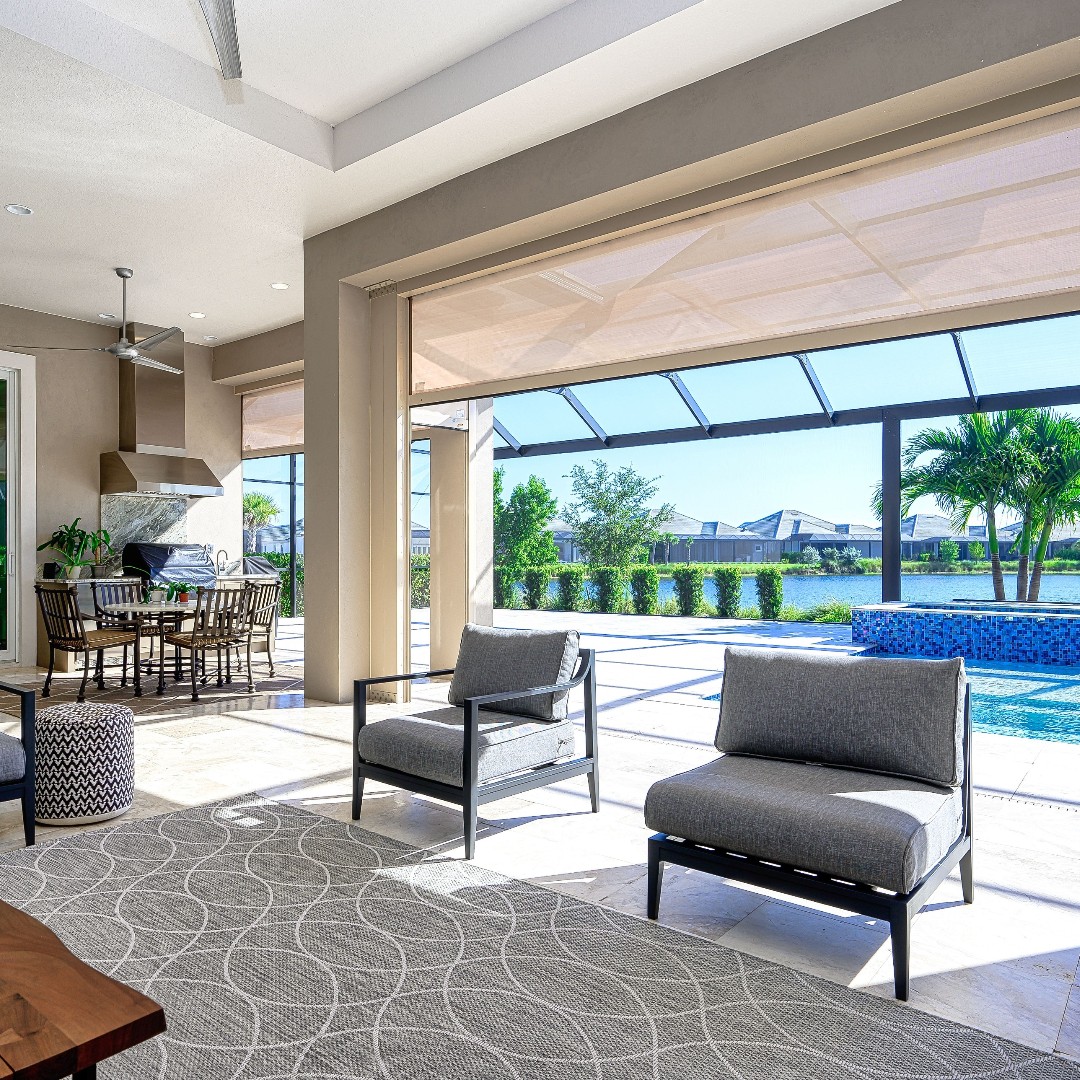 Love the furniture on your patio but hate moving it when there is a threat of a hurricane or rain?  Storm Catcher Screens protect your patio furniture and your home at the touch of a button! stormsmart.com #easy #peaceofmind #hurricanescreens