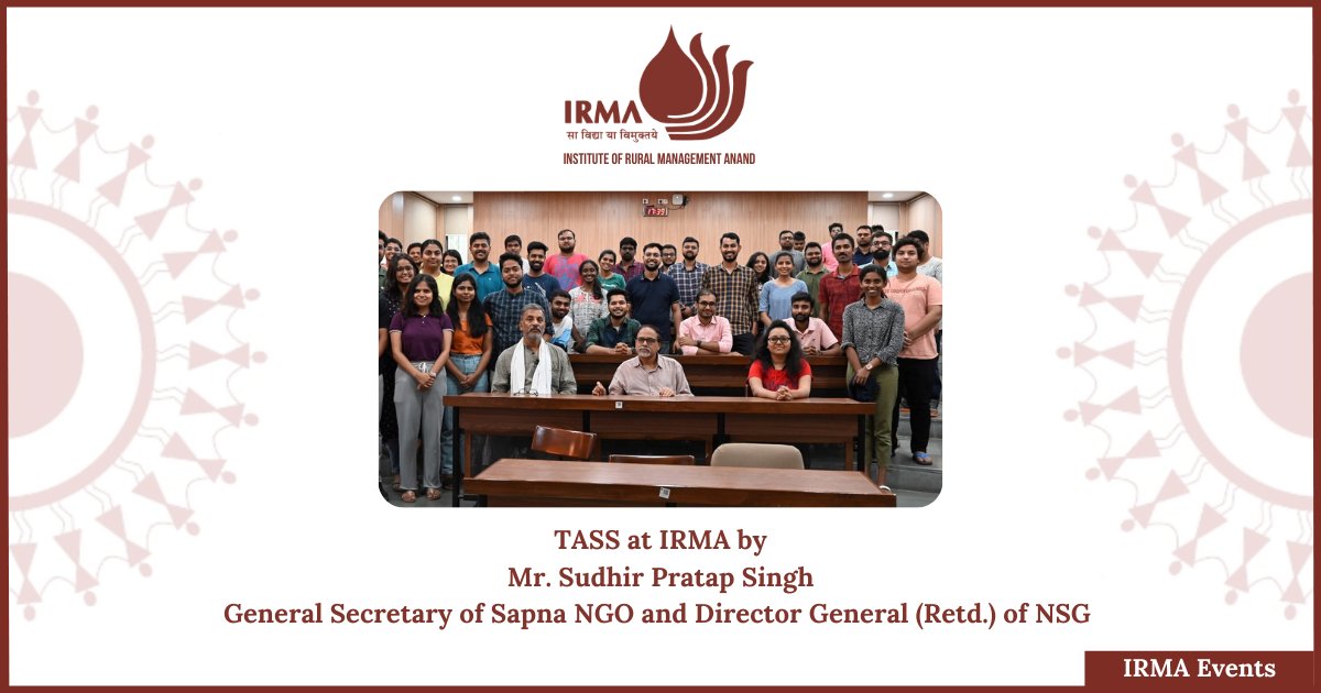 IRMAOfficial79's tweet image. IRMA recently hosted Mr. Sudhir Pratap Singh, General Secretary of Sapna NGO and Director General (Retd.) of NSG for a session under the Thursday Academic Seminar Series (TASS).
irma.ac.in/news/1148
#IRMA #academictalks #leadershiptalks #RuralManagement #RuralDevelopment