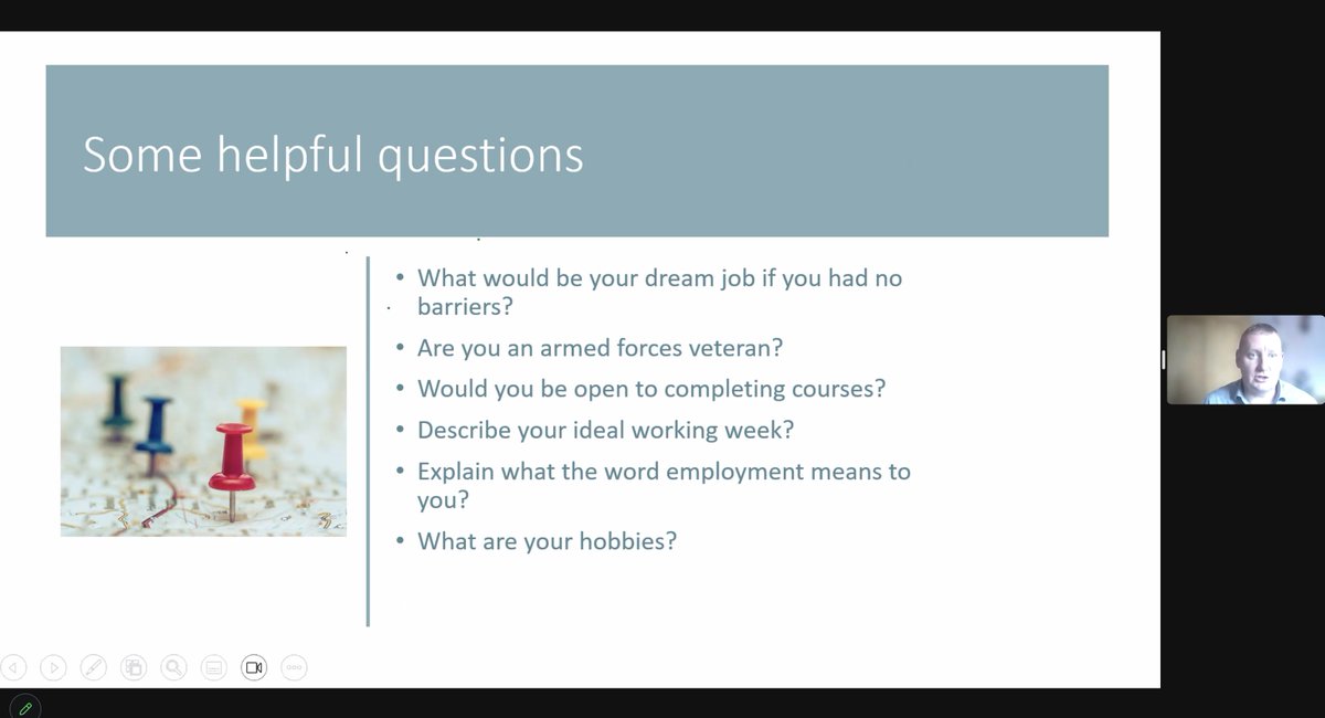 Suegodby's tweet photo. Love that question from Stuart when supporting people with vocational rehabilitation transition into an alternative career - 'What would your dream job be if there were no barriers?" - some really helpful information about helping people identify what's right for them #VR4Work https://t.co/K3kJCGr6qH