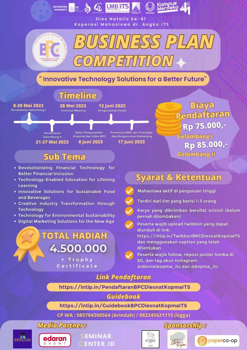 Kopma_ITS's tweet photo. [Business Plan Competition Diesnat Kopma ITS 🎊]

Halo calon juara!!!
Diesnas KOPMA ITS 
PROUDLT PRESENT

✨ Business Plan Competition Diesnat Kopma ITS ✨
“Innovative Technology Solutions for a Better Future” https://t.co/odFV36HKRR