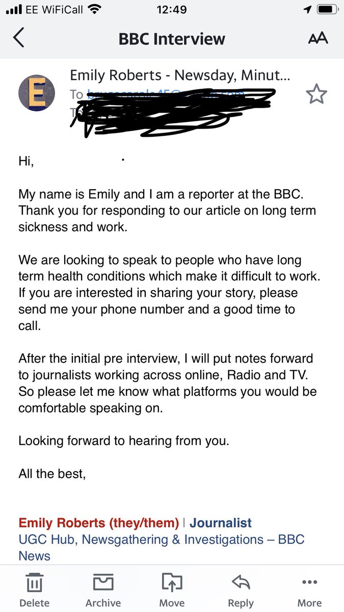 I received this answer after posting a message to the BBC responding to their piece about being unable to work due to a long-term viral illness (#MECFS) If anyone feels able to respond it could lead to some useful and truthful publicity. #LongCovid