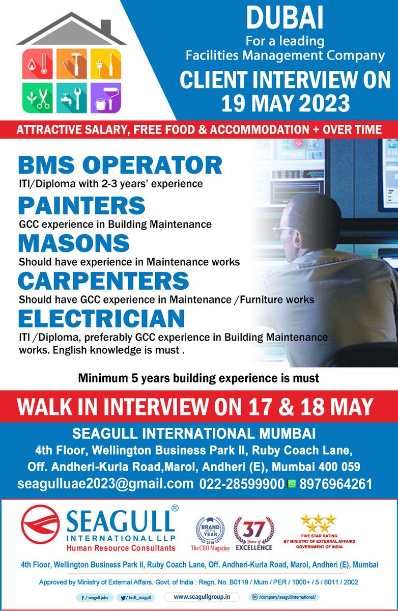 hrd1_seagull's tweet photo. DUBAI Jobs for A leading facilities management company
CLIENT INTERVIEW ON 19 MAY 2023
WALK IN INTERVIEW ON 17th & 18th May 2023
.
.
.
#uaejobseekers #uaejobs #jobseekers #dubaijobs #vacancies #walkininterview #gulfjobs #interviewing #jobvacancy #bmsoperator #painters #mason https://t.co/ssipJxk0uF