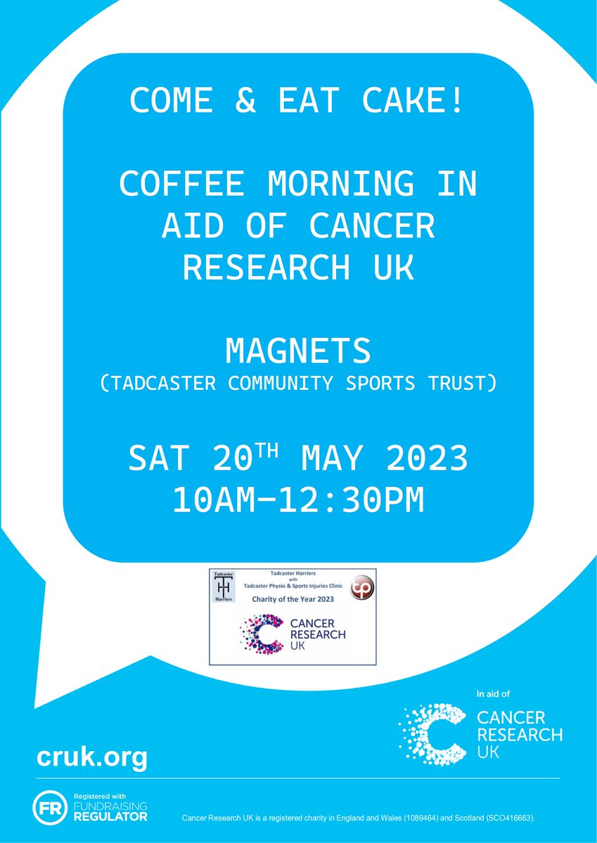 It's our first 'proper fundraiser' for our charity of the year <a href="/CR_UK/">Cancer Research UK</a>  this Saturday 20th May 10-12:30 <a href="/TadMagnets/">Tadcaster Magnets</a>  in conjunction with <a href="/ClubTadcaster/">Tadcaster Harriers Running Club</a> 

If you like CAKE then you need to be there!!!!!