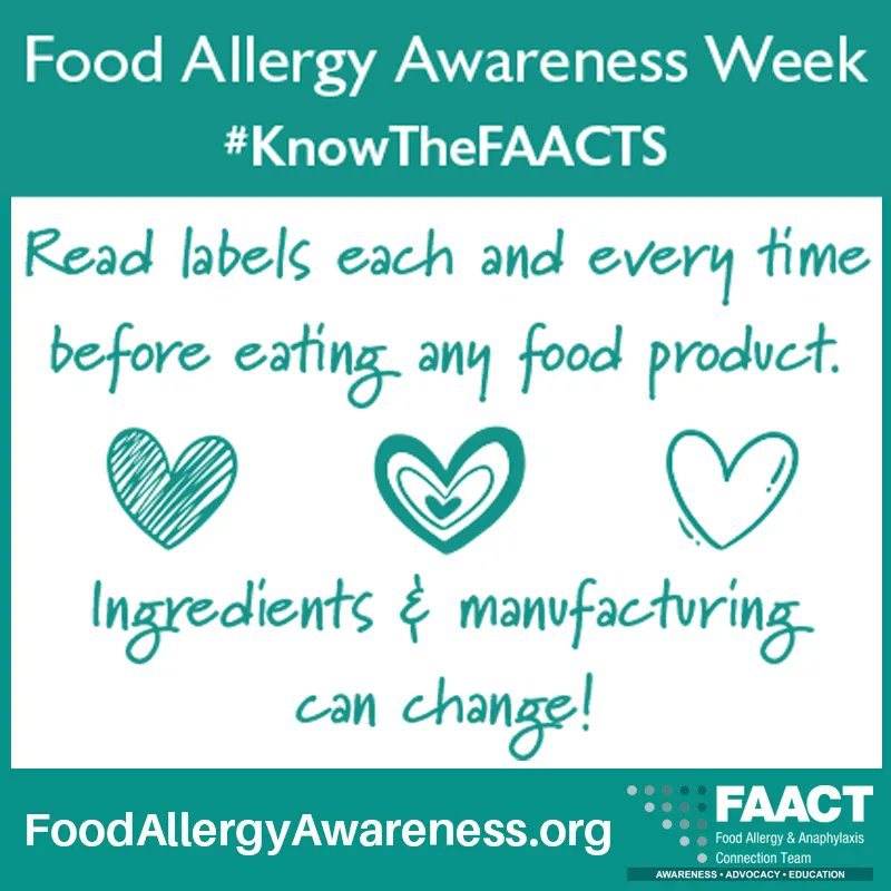 Day 16 of #foodallergyawareness month. Read #labels each and every time before eating any food product. Ingredients &amp; manufacturing can change! #FAAW #FAACT FoodAllergyAwareness.org