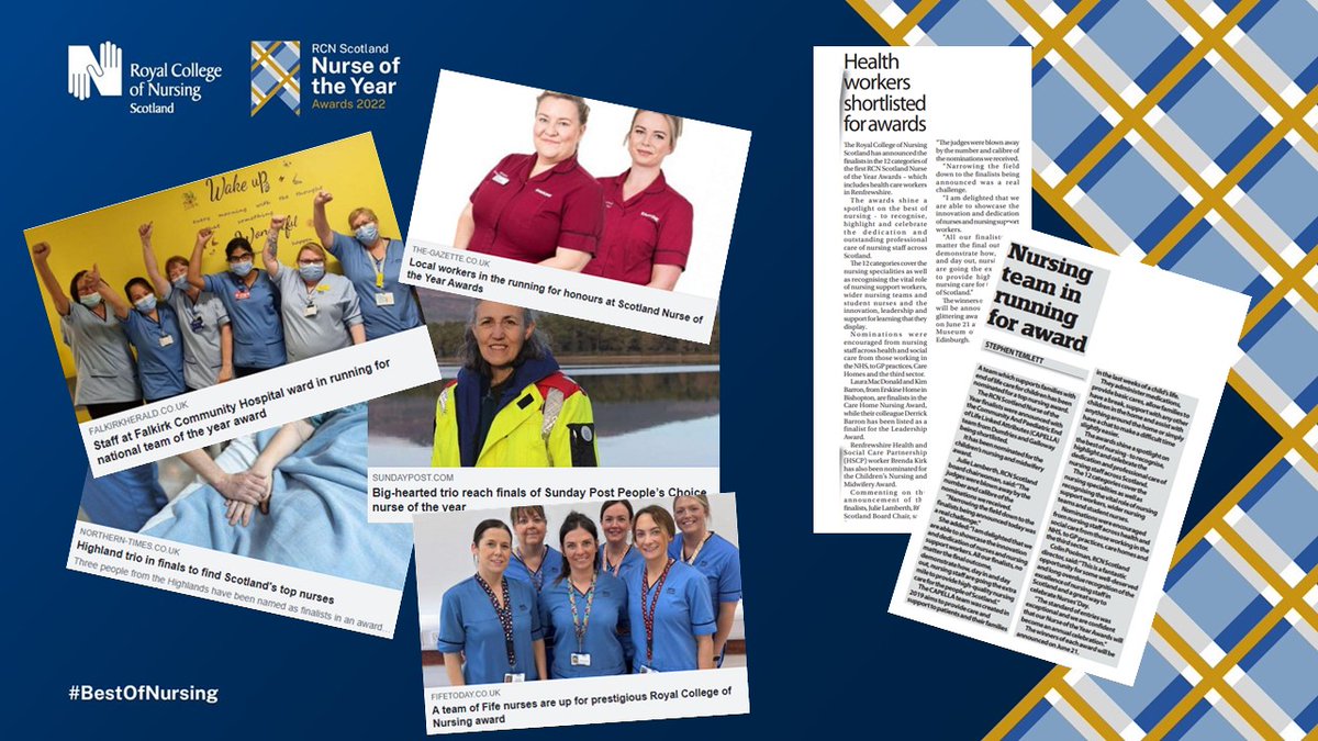 RCNScot's tweet photo. Great to see so much coverage in the media of the exceptional finalists in our inaugural RCN Scotland Nurse of the Year awards. If you’ve not had a chance yet, check out our finalists and see how they demonstrate the #BestOfNursing in Scotland

https://t.co/qNf2k93NIu https://t.co/g9L6OTmT75