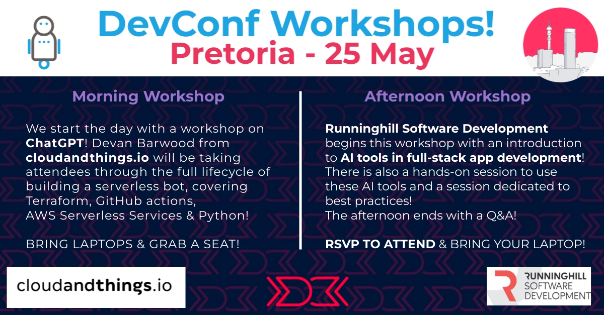 devconfza's tweet photo. We are so excited to invite our DevConf attendees to our workshops in Pretoria with @cloudandthings & @Runninghill
You'll have received an email with the RSVP links.
See you there!
#DevConf #learning #cloudandthings #runninghill #chatgpt #ai #software https://t.co/WphUJgIHg6