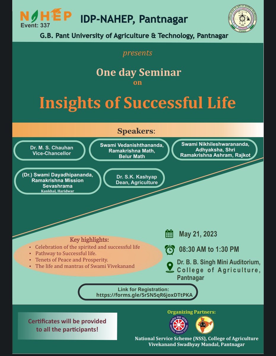 IDP_Pantnagar's tweet photo. GBPUA&amp;T and IDP NAHEP presents One Day Seminar on Insights of Successful Life 
Date: May 21, 2023
Time: 08.30 AM to 1.30 PM 
Link: https://t.co/kI9gSplYtf
**Certificates will be provided to all the participants https://t.co/BCKTOMRwq2