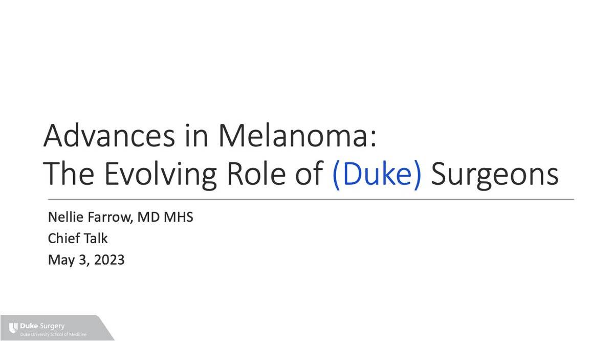 DukeSurgOnc's tweet image. Congratulations to @nelfarrow on an excellent Chief Talk earlier this month! She&apos;s left a major footprint on our #Melanoma program at @DukeSurgery @DukeCancer and we are excited to follow her career as she starts #SurgOnc fellowship at @MSKCancerCenter this fall @WomenSurgeons