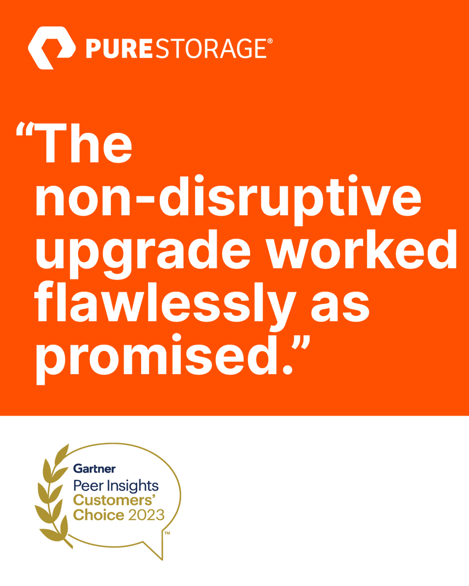 jebstuarthog's tweet image. PureStorage: Pure Storage has once again been recognized as a Customers’ Choice on Gartner® Peer Insights™. See why we scored a 99% willingness to recommend and 4.8 out of 5 stars purefla.sh/3LdkMsN
Read the review: purefla.sh/3GGMmgl

#Gartn…