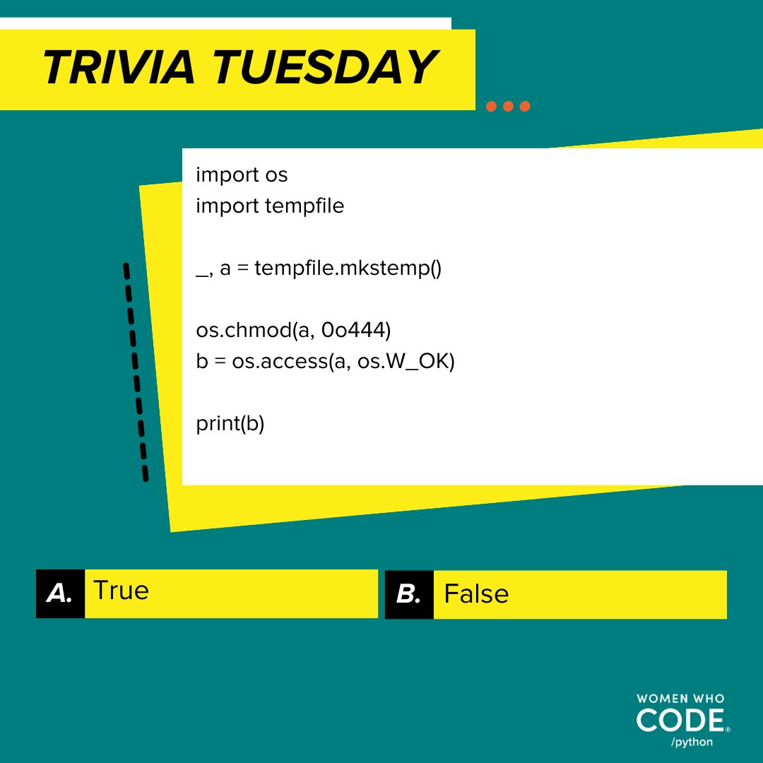 womensoftwarepy's tweet photo. It's Trivia Tuesday!
A or B? Leave your answer in the comments !
Text version: https://t.co/HHXSlIwpjt
#wwcode #womenwhocode #trivia #python #pythoncode #pythoncoding #pythonprogrammer #wwcodepython #womenintech https://t.co/eeyCZDx0Ed