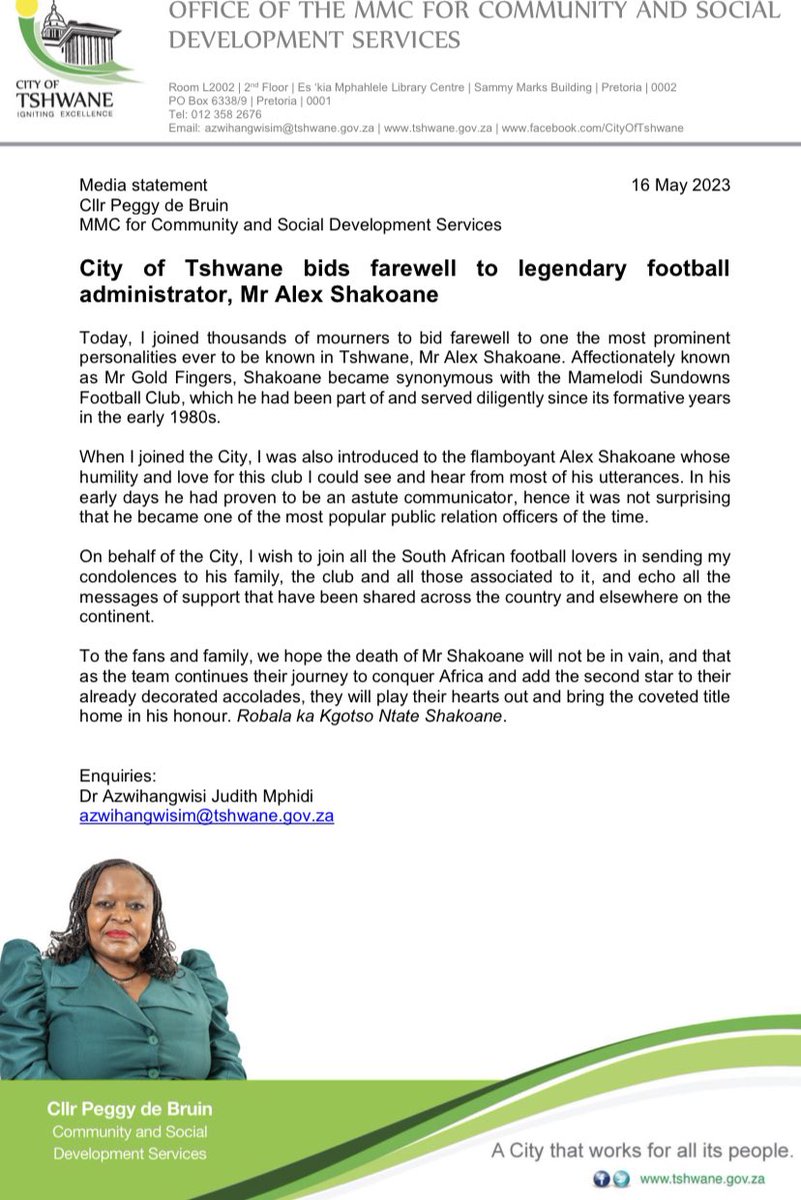 tshwane_mayor's tweet photo. STATEMENT: City of Tshwane bids farewell to legendary football administrator, Mr Alex Shakoane.
#RipAlexShakoane #RipGoldfinger
@CityTshwane https://t.co/2VW3LjEkeS