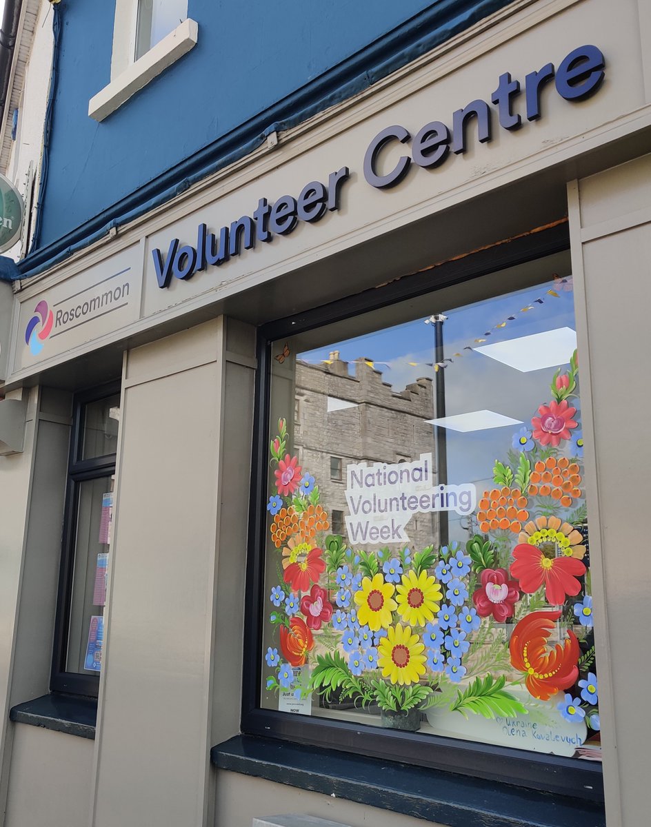 We're so privileged to have Olena Kovalevych decorate our front window in the Petrykivka style popular in Ukraine. She volunteered her time to create this beautiful floral artwork which helps us celebrate National Volunteering Week in Roscommon! #NVW2023