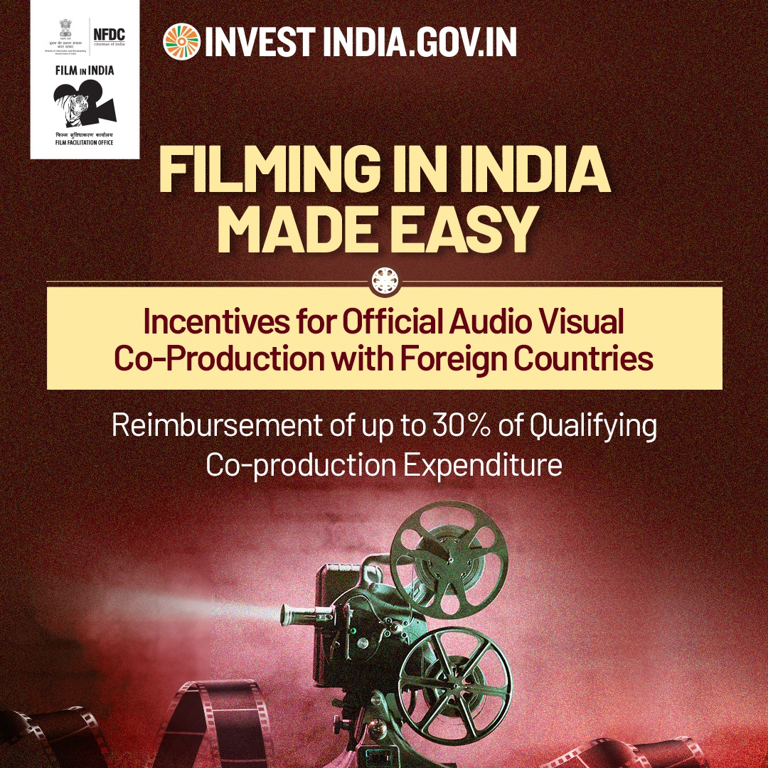 #InvestInIndia

India offers a maximum reimbursement of ~USD 244000 per project under incentive for Official Audio Visual Co-production with foreign countries to co-create masterpieces that transcend borders! 🎥

#MediaAndEntertainment #Media #AV #CoProduction