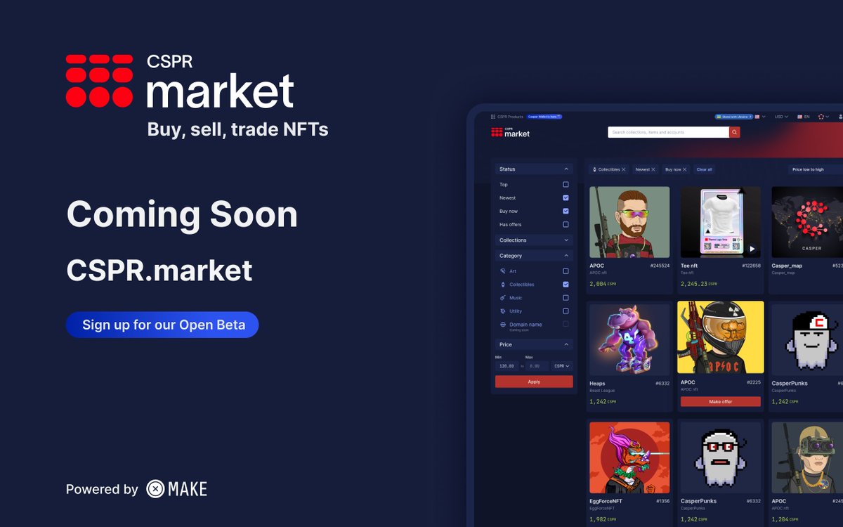 📢 Attention #CasperCommunity and NFT trailblazers 
🤠 The hour has arrived for you to explore CSPR.market, the pioneering go-to #NFT marketplace for @Casper_Network ⚡️

Don't delay! Sign up for the Open Beta on CSPR.market today. Help shape the future and