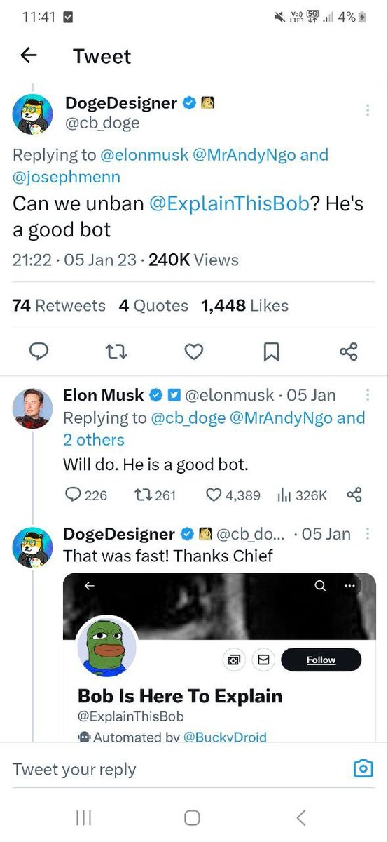 EricCryptoman's tweet photo. How did Elon know about @ExplainThisBob at 25 followers? Now at over 250,000 and he's still constantly engaging. A true $BOB supporter.

Interesting. https://t.co/zB4llm7ZEB