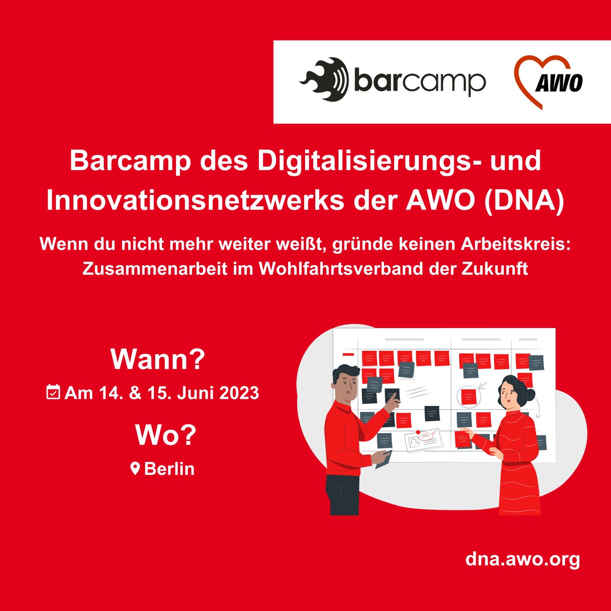 Wie kann Wohlfahrt neue Formen der Organisation &amp; Zusammenarbeit gestalten? Darum geht's beim diesjährigen #AWODNA-#Barcamp: 
"Wenn du nicht mehr weiter weißt, gründe keinen Arbeitskreis: Zusammenarbeit im Wohlfahrtsverband der Zukunft". Infos &amp; Anmeldung👉veranstaltungen.awo.org/event/barcamp-…