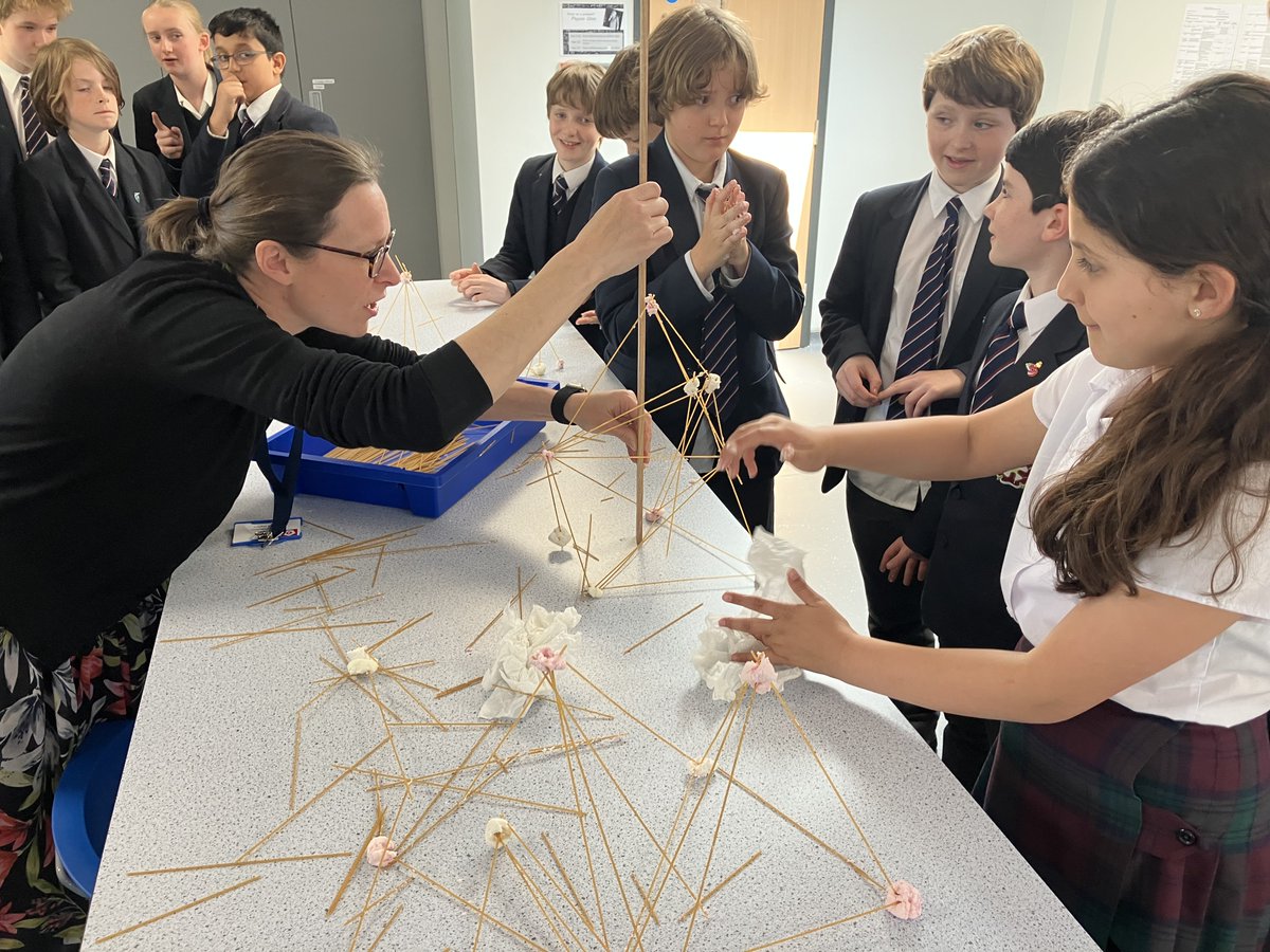 KESBathChem's tweet photo. Good to see the Physics Department kicking off our Science Week with the Year 7 Tower Challenge. Amazing what you can do with some marshmallows and dried spaghetti. The most successful used their marshmallows in their structures, rather than just eating them! #KESBathScienceWeek https://t.co/MJ5Ev03MXf