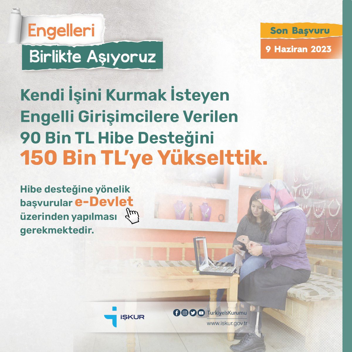 Engelli Hibe Desteği Başvuruları Başladı. Kendi İşini Kurmak İsteyen Engelli Girişimcilere 150 Bin TL'ye Kadar Destek Sağlıyoruz.Bilgi için Aksaray İŞKUR ziyaret edebilir ve ya Detaylı Bilgi İçin:
🔗l24.im/78si

Engelleri Birlikte Aşıyoruz

#EngellilerHaftası 
#İŞKUR