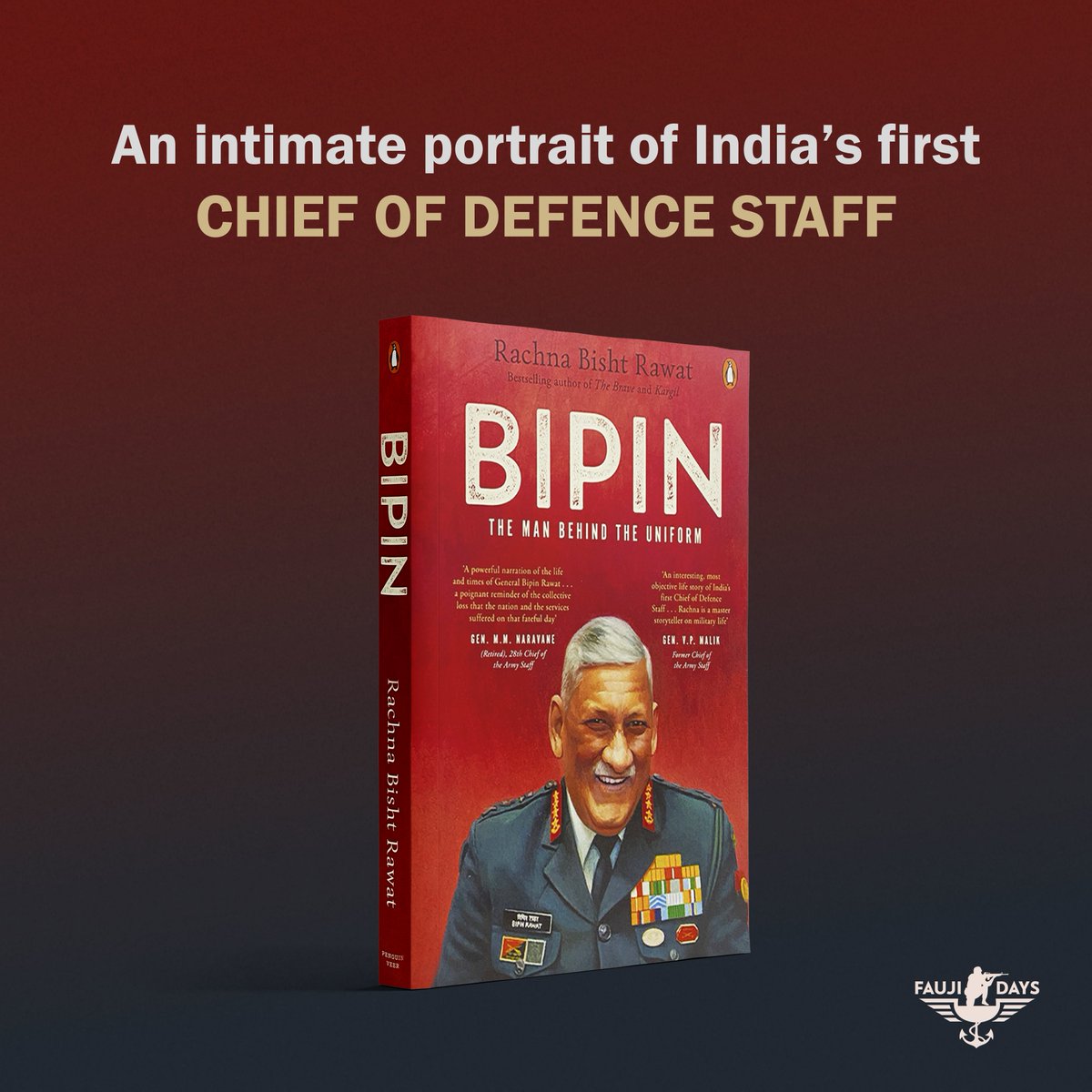 'Bipin: The Man behind the Uniform' unveils the remarkable journey of a cadet at NDA, a resilient Second Lieutenant, a determined Major, and a visionary Army Chief. A fitting tribute to one of India's greatest Generals. Get your copy now at #FaujiDays. @rachnabisht9