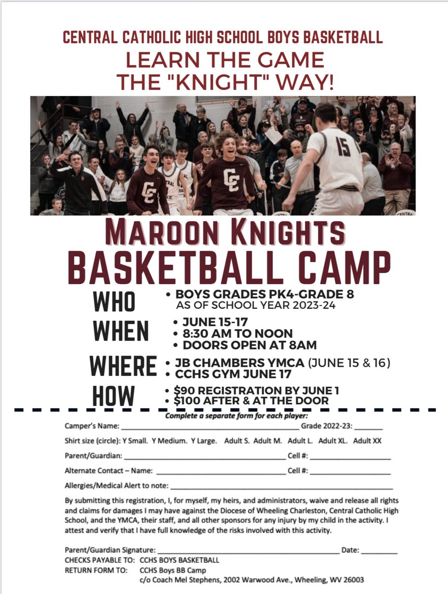 🚨Maroon Knights Basketball Camp

🏀 PK4-8th grade
📍June 15-16 Wheeling YMCA
🏰June 17 Central Catholic Gym