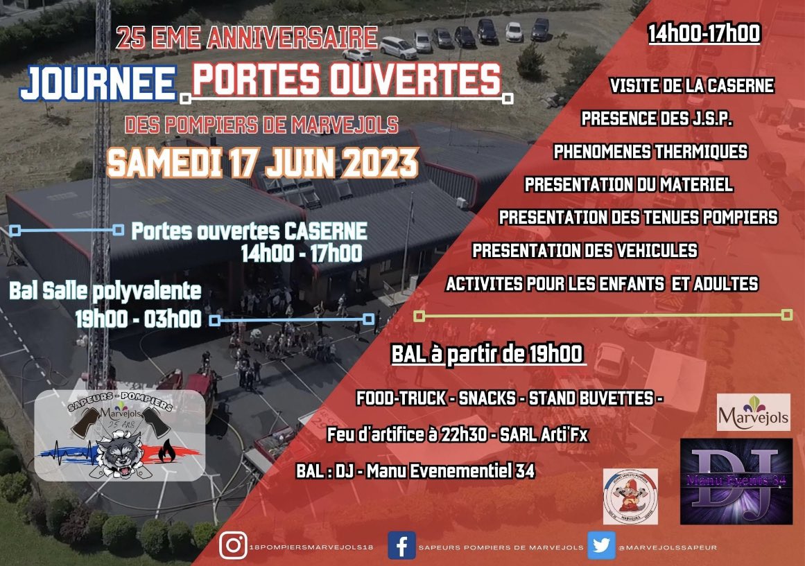 Pour fêter les 25 ans de la caserne,  On vous propose une grosse journée de fête

1ere Partie : Après midi Portes ouvertes à la caserne de 14h00 à 17h00

2ème Partie: Bal des Pompiers de Marvejols, à la salle polyvalente de Marvejols

<a href="/sdislozere/">SDIS48</a> <a href="/LozereNouvelle/">La Lozère Nouvelle</a> <a href="/MidiLibrelozere/">Midi Libre Lozère</a>