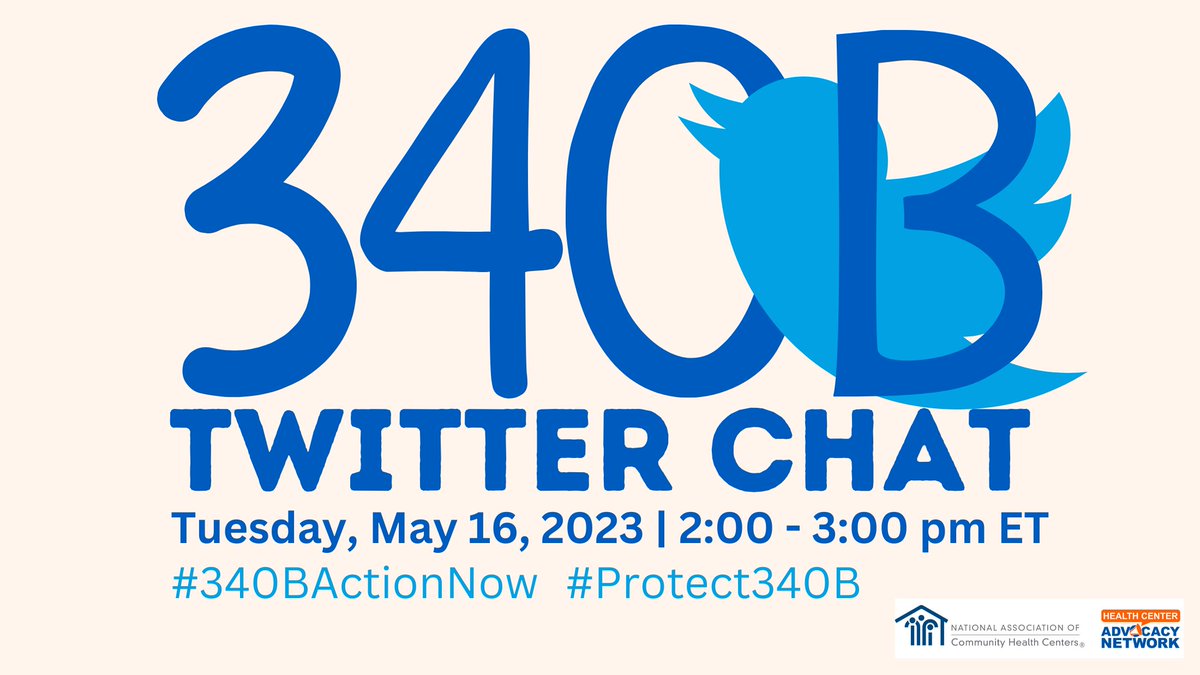Today from 2-3 pm ET! Join us &amp; <a href="/HCAdvocacy/">NACHC Advocacy Network</a> for a #Protect340B Twitter Chat. Let's unite our voices to share how the 340B program positively impacts health centers and their patients! #340BActionNow #ValueCHCs

RSVP here ➡️ bit.ly/3nLM55z