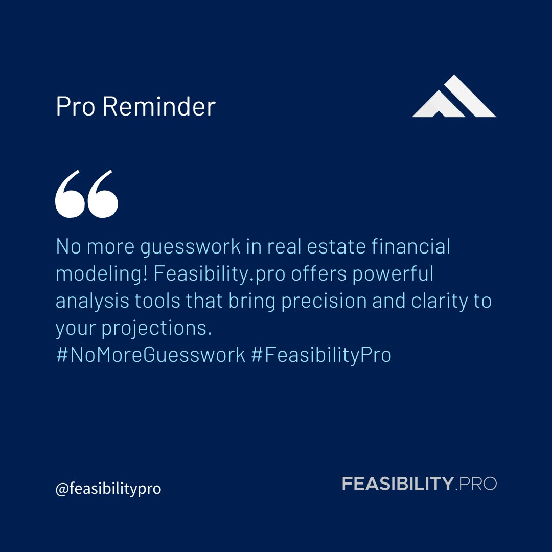 Feasibilitypro's tweet photo. 🔔 Pro Reminder: Achieve financial modeling excellence with  https://t.co/I7216i8RnR! 📈 Our comprehensive software offers professional insights and tools to enhance real estate projections. Stay ahead of the game and unlock success. 💼 #FinancialModeling #RealEstateDevelopment https://t.co/vaANcZ3zRS