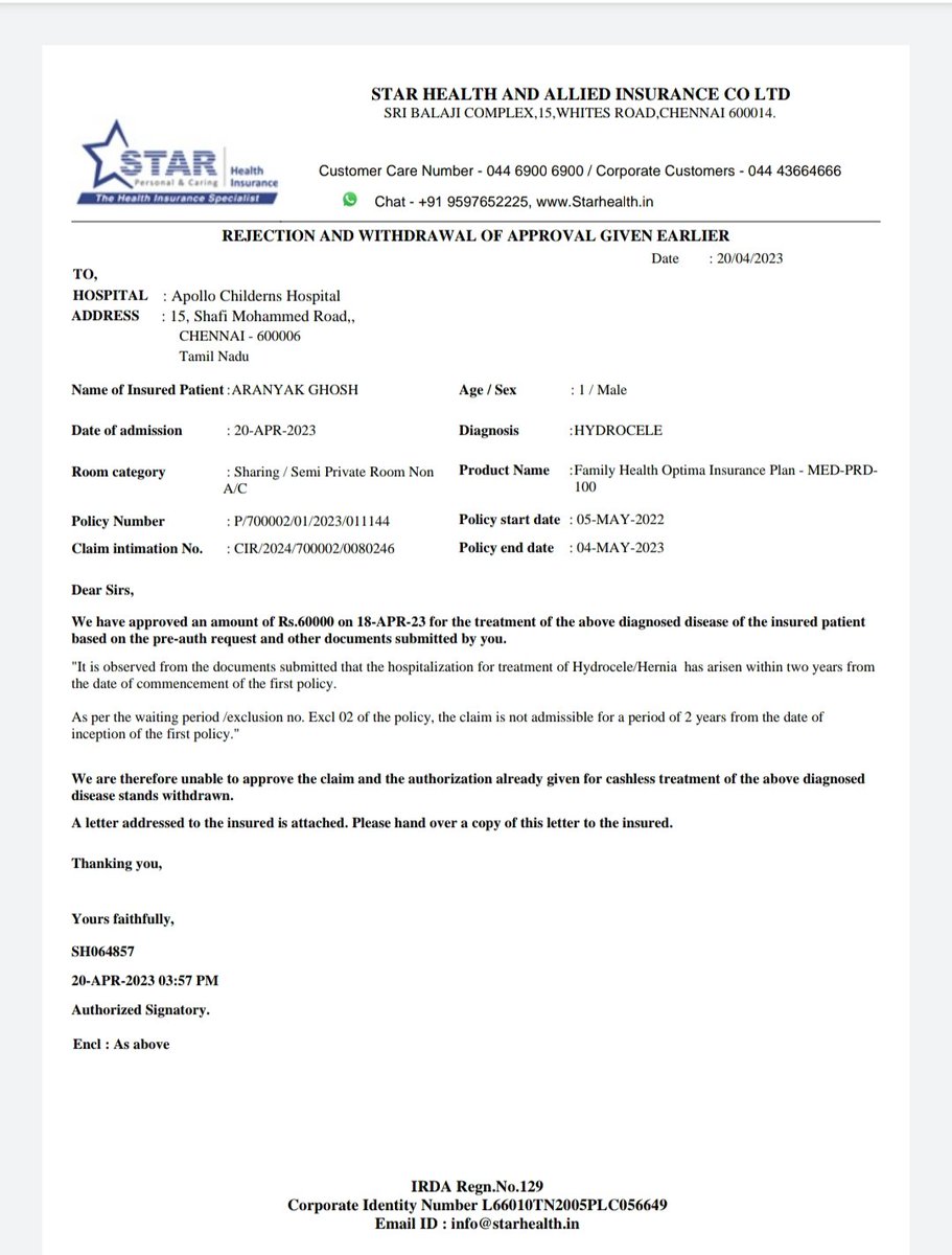 RUDRAPRASADGH's tweet photo. #StarHealthBetrayed
Star Health betrayed me in my son's surgery.They gave pre Authorization of 60k but withdrew during final billing  by changing the name of the disease. I felt like a helpless hostage as I admitted my son in hospital after their pre Authorization.@StarHealthIns https://t.co/TDvuXZr5QN