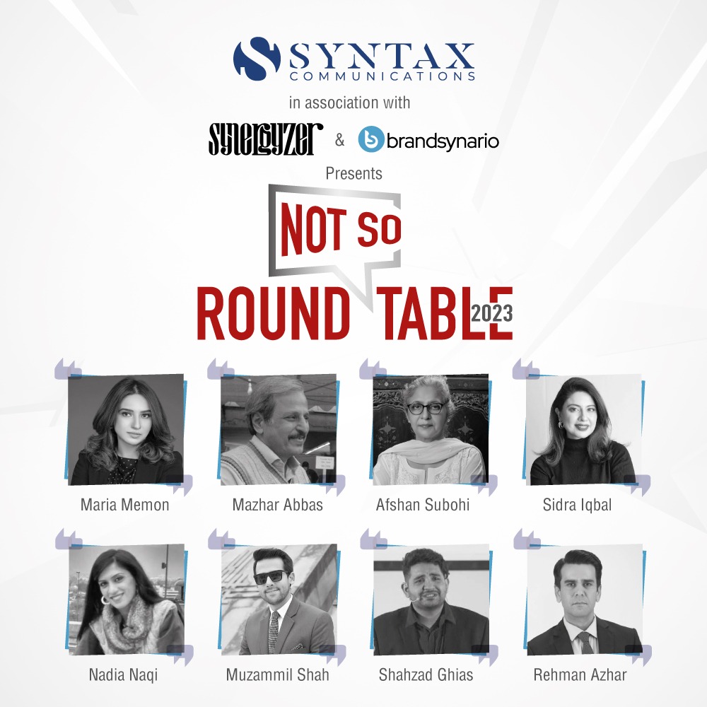 brandsynario's tweet photo. Brandsynario has teamed up with @SyntaxCommunications and @Synergyzer to present 'Not So Round Table' where you'll get to witness a dynamic range of perspectives and ideas!
#NotSoRoundTable @Maria_Memon
@MazharAbbasGEO
@SyedMuzammilOFL
@SidraIqbal
@Shehzad89
@NadiaNaqi https://t.co/9uZeNCqVhI