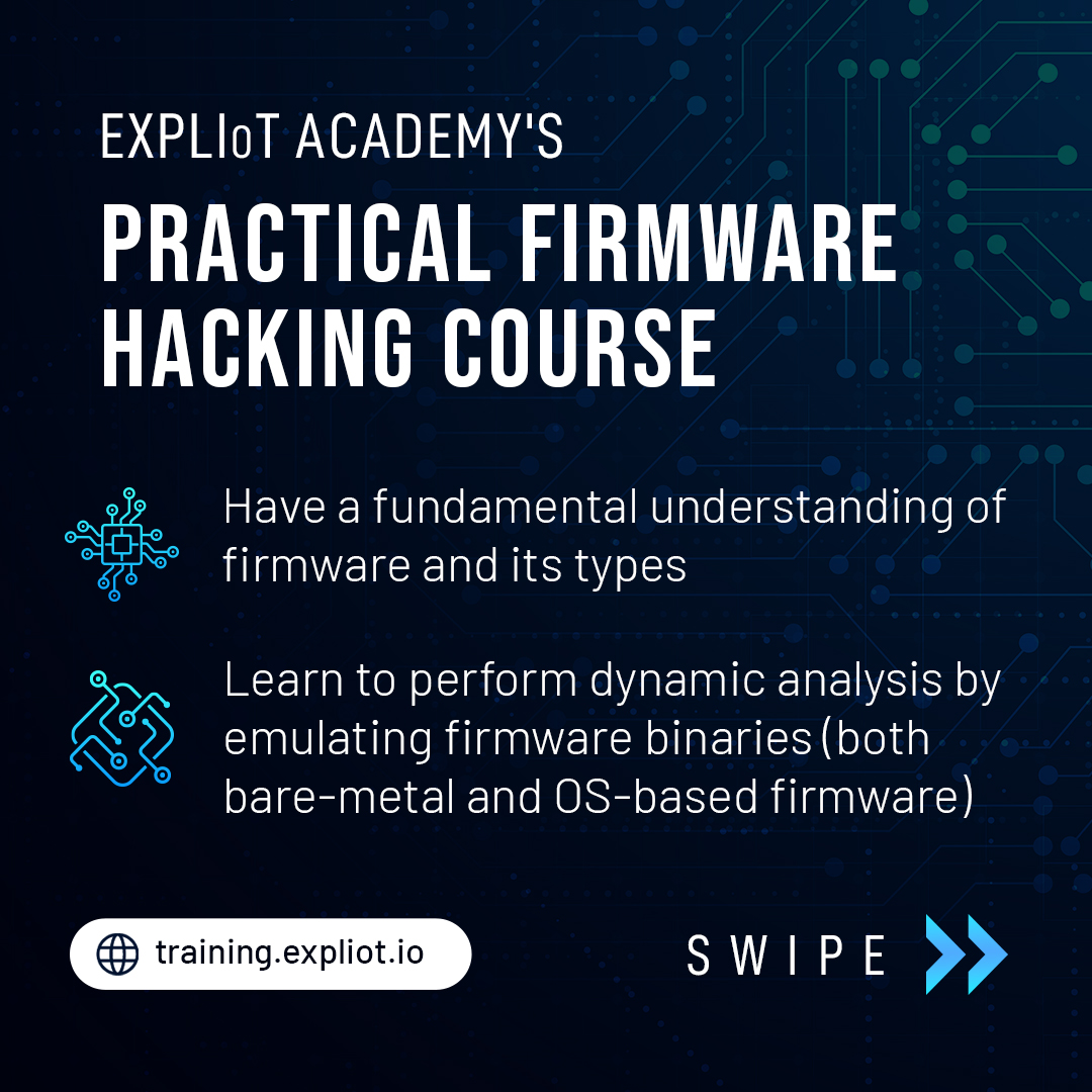 expliot_io's tweet image. Revolutionize Your Hacking Skills with Practical Firmware Exploitation: Join EXPLIoT Academys Newest Course Today and Avail a 34% Discount!
👉 👉 bit.ly/41wjMWy
#CourseLaunch #FirmwareHacking