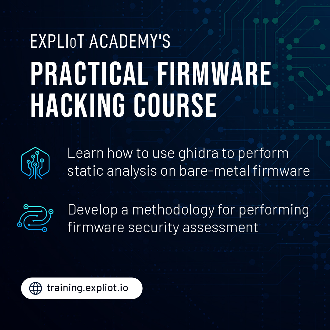 expliot_io's tweet image. Revolutionize Your Hacking Skills with Practical Firmware Exploitation: Join EXPLIoT Academys Newest Course Today and Avail a 34% Discount!
👉 👉 bit.ly/41wjMWy
#CourseLaunch #FirmwareHacking