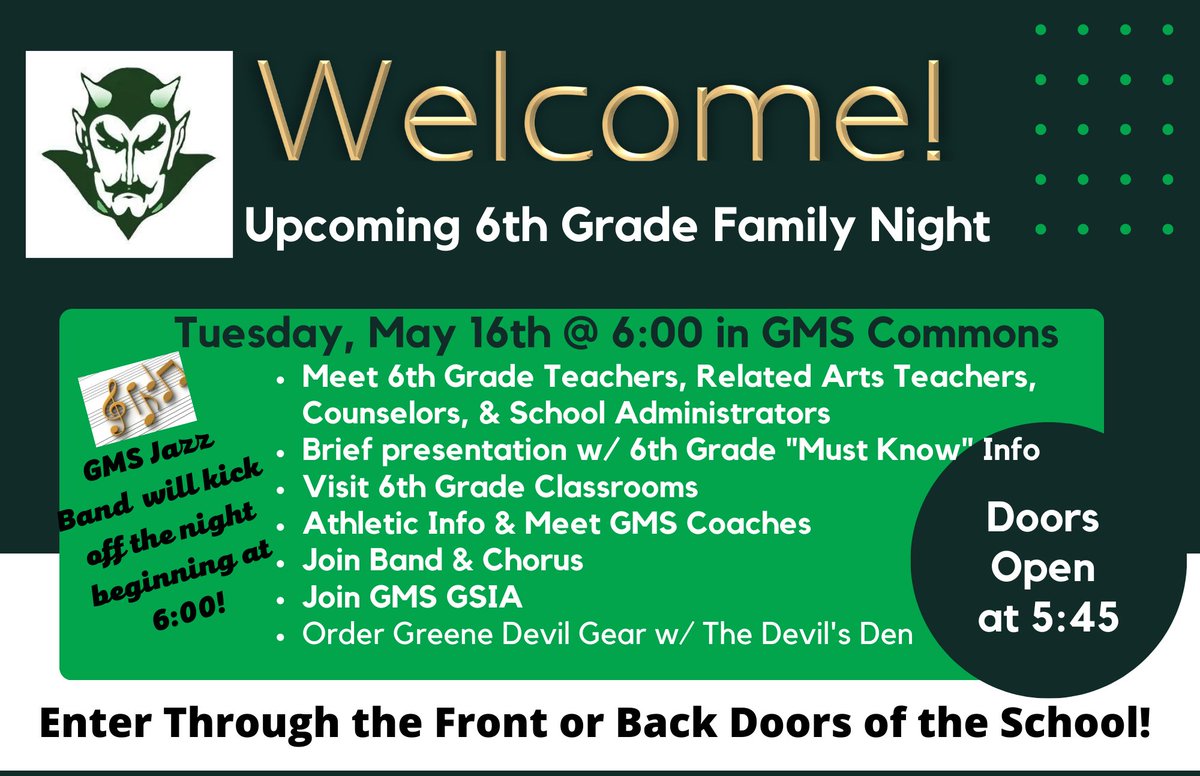 We are excited to welcome our newest Greene Devils to GMS tonight! All 5th grade families are invited to join us and find out about 6th grade at @gms_tn! #RISEasONE <a href="/HighlandGville/">HighlandElementary</a> <a href="/HalHenard/">Hal Henard School</a> <a href="/drlanaluttrell/">Lana Luttrell</a> <a href="/wildaboutev/">Kelly Ford</a> <a href="/GreenevilleCity/">GCS</a> <a href="/CoachMcCall65/">Andy McCall</a> <a href="/gmsdevilsband/">Rachel Martin Thomas</a>