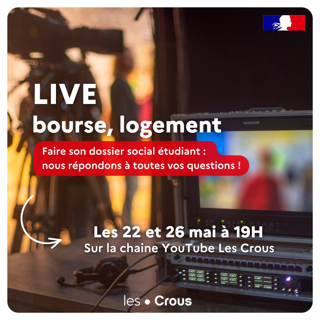 Cnous_LesCrous's tweet photo. 📢Vous souhaitez savoir si vous avez droit à une bourse ou un logement Crous ? Vous vous demandez comment remplir votre dossier social étudiant ? 
👉Nous répondrons à toutes vos questions en direct les 22 mai et 26 mai prochains à 19h00 sur YouTube : https://t.co/3GmRkGP4dL https://t.co/AxYNWN3Mcc
