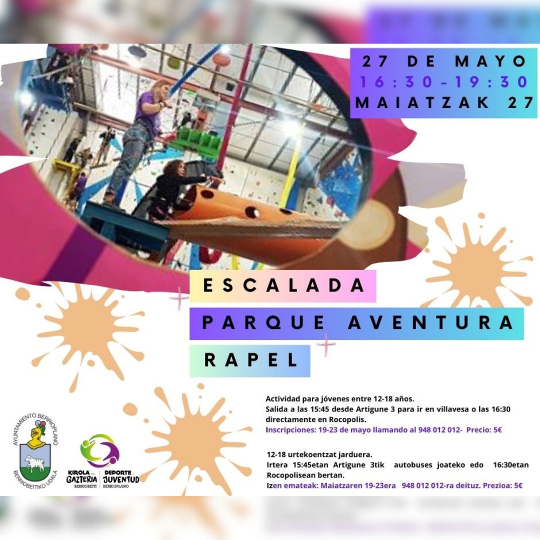 BerrioplanoUdal's tweet photo. 🧗‍♀️¿Te animas a escalar? ¿Eskalatzera etorri nahi duzu?

Maiatzak 27 de mayo, 16:30-19:30, Rocopolis.

Inscripciones/izenemateak - maiatzak 19-23 de mayo, 948012012, 5€.

#berriobeiti #berrioplano #kirola #deporte #escalada #eskalada #deporteyjuventud #rocopolis #rapel #aventura https://t.co/mvXybA9fLQ