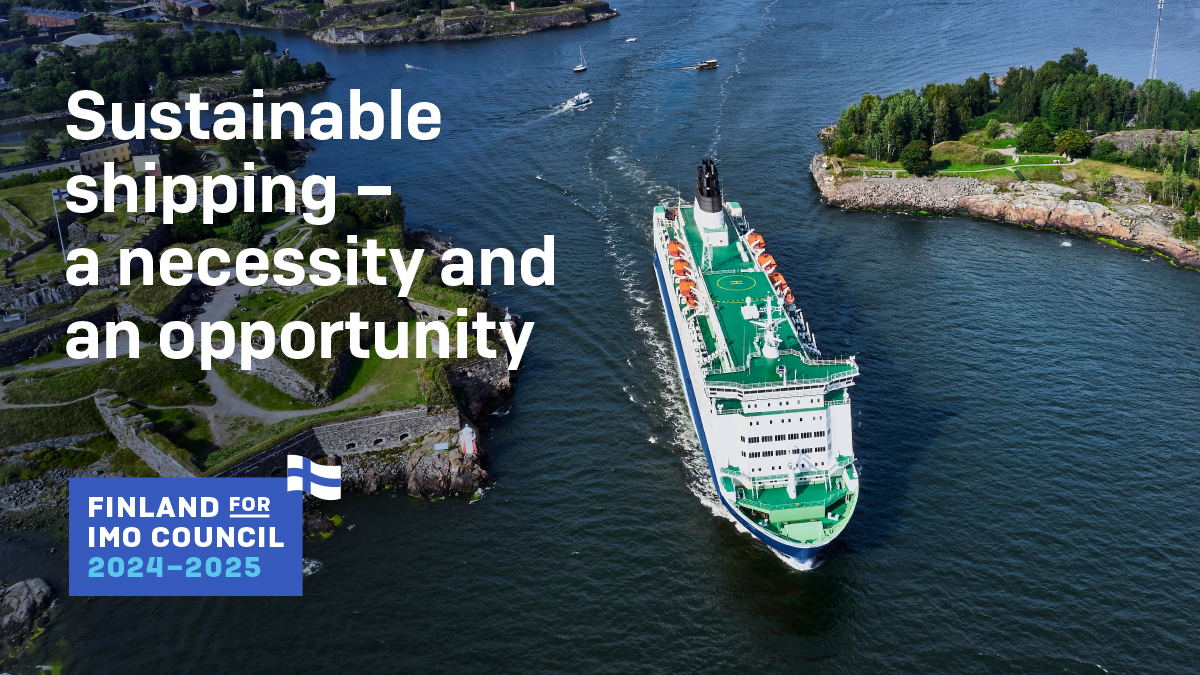 TraficomFinland's tweet photo. Finland sees sustainable shipping as a necessity and as an opportunity. The clock is ticking due to climate change. We need measures to curb global warming and promote green growth. Finland aims to become carbon-neutral by 2035. 

https://t.co/LQxPadWzd7 

#FinlandforIMO https://t.co/t4UNjYp2QT