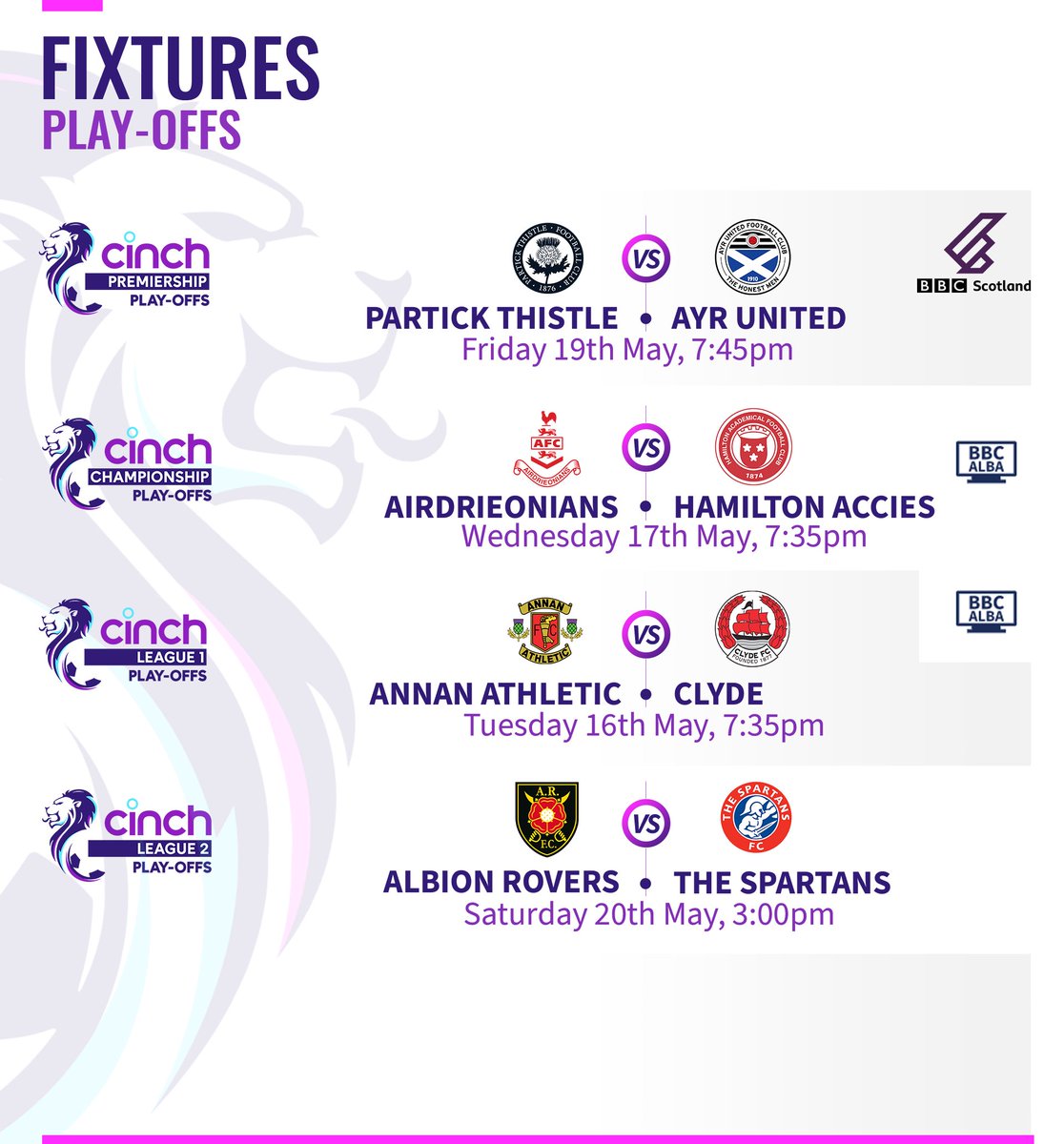 A huge week of #cinchSPFL play-off finals starts tonight! 😍

📺 <a href="/AnnanAthleticFC/">Annan Athletic FC</a> v <a href="/ClydeFC/">Clyde FC</a> is live on <a href="/bbcalba/">BBC ALBA</a> (7:35pm kick-off)

Who are you backing to come out on top? 🤔