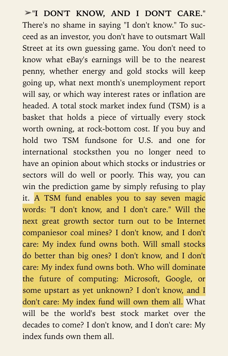 1PageFinance's tweet photo. Slap this page on marketing guys who try to lure you by saying anything against indexing. The journey of indexers is not easy in the jungle of agents with junk financial products.

“I don't know, and I don't care.”  Excerpt From “Your Money and Your Brain” by Jason Zweig @jasonzweigwsj