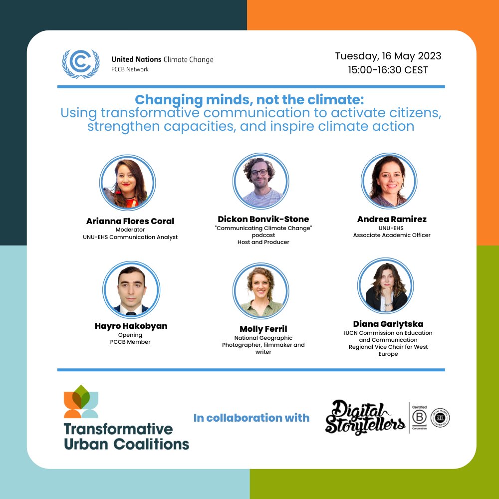 UNUEHS's tweet photo. 📢Happening today
Don't miss this virtual event by the Transformative Urban Coalitions (@UNUEHS, @WRIRossCities, @IDOS_research & @IIED) & @UNFCCC (#PCCBNetwork)!
Can transformative communication strengthen capacities & inspire #ClimateAction?
👉 https://t.co/YBELQH5XxQ https://t.co/np5xu0S094